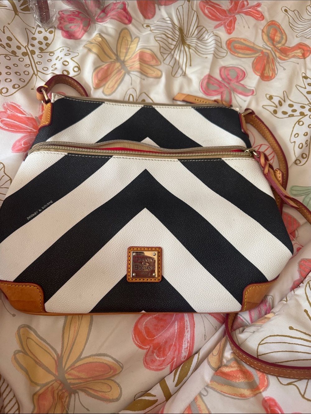 Dooney & Bourke Black and White Chevron Crossbody with Tan Trim